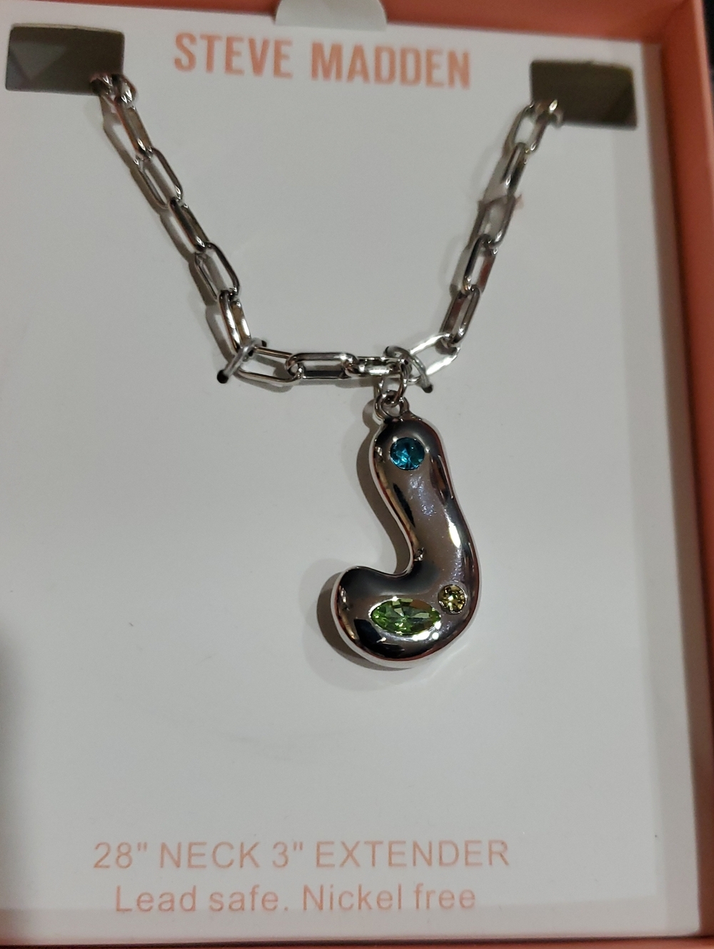Steve Madden silver paperclip chain gemstone studded puffy J initial necklace